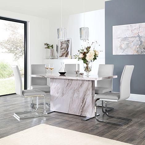 Magnus Grey Marble Dining Table with 4 Perth Light Grey Leather Chairs