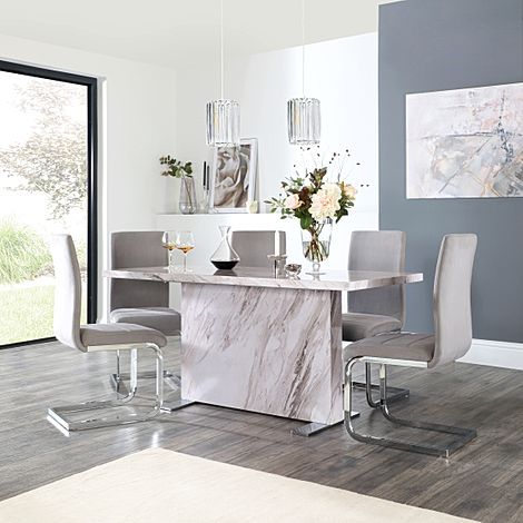 Magnus Grey Marble Dining Table with 4 Perth Grey Velvet Chairs