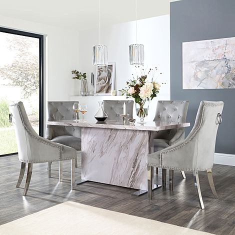 Magnus Grey Marble Dining Table with 4 Imperial Grey Velvet Chairs