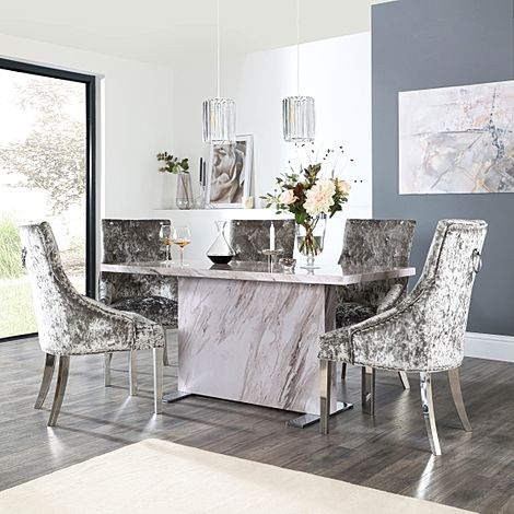 Magnus Grey Marble Dining Table with 6 Imperial Silver Velvet Chairs