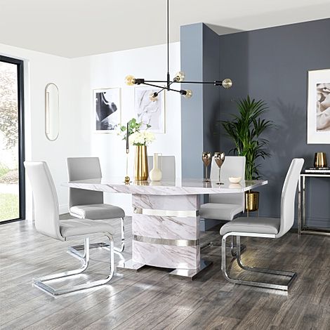 Komoro Dining Table & 6 Perth Chairs, Grey Marble Effect & Chrome, Light Grey Classic Faux Leather, 160cm