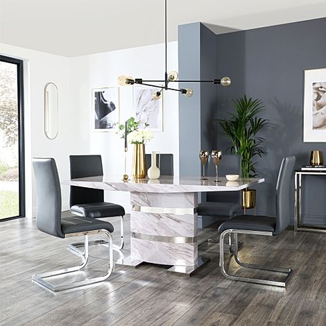 Komoro Dining Table & 4 Perth Chairs, Grey Marble Effect & Chrome, Grey Classic Faux Leather, 160cm