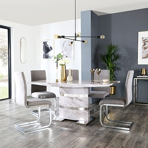 Komoro Dining Table & 6 Perth Chairs, Grey Marble Effect & Chrome, Grey Classic Velvet, 160cm