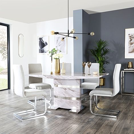 Komoro Dining Table & 4 Perth Chairs, Grey Marble Effect & Chrome, Dove Grey Classic Plush Fabric, 160cm