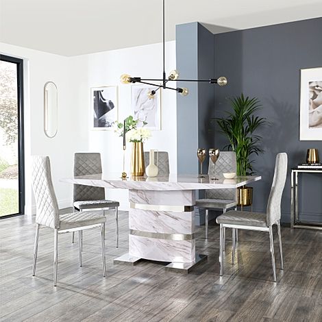 Komoro Grey Marble Dining Table and 4 Renzo Grey Velvet Chairs