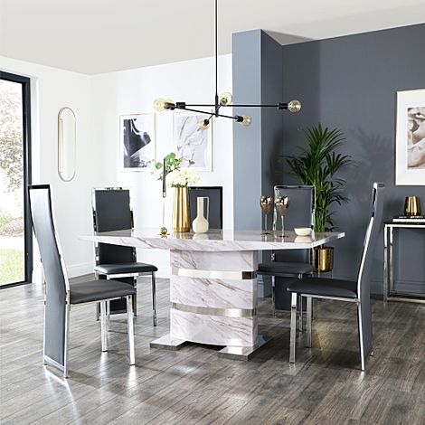 Komoro Dining Table & 4 Celeste Chairs, Grey Marble Effect & Chrome, Grey Classic Faux Leather, 160cm