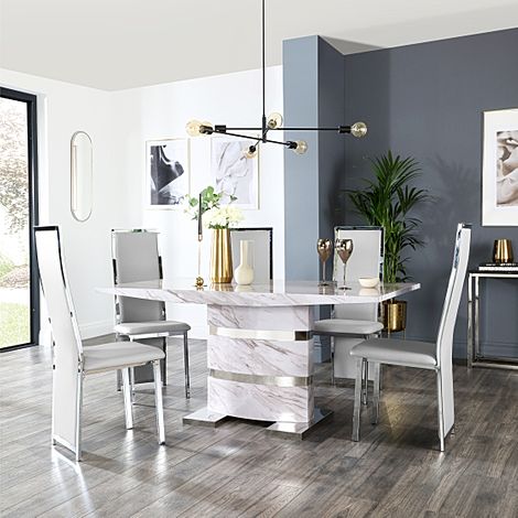 Komoro Dining Table & 6 Celeste Chairs, Grey Marble Effect & Chrome, Light Grey Classic Faux Leather, 160cm
