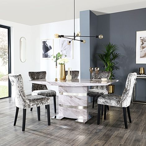 Komoro Dining Table & 4 Kensington Chairs, Grey Marble Effect & Chrome, Silver Crushed Velvet & Black Solid Hardwood, 160cm