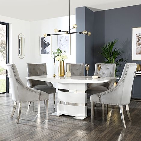 Komoro White High Gloss Dining Table with 6 Imperial Grey Velvet Chairs (Chrome Leg)