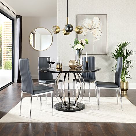 Savoy Round Dining Table & 4 Leon Chairs, Black Marble Effect & Chrome, Grey Classic Faux Leather, 120cm