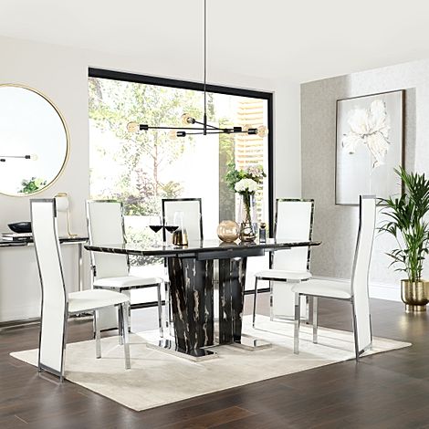 Vienna Black Marble Extending Dining Table with 6 Celeste White Leather Chairs