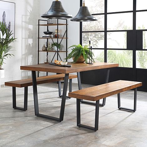 Addison Industrial Dining Table & 2 Benches, Dark Oak Veneer & Black Steel, 150cm