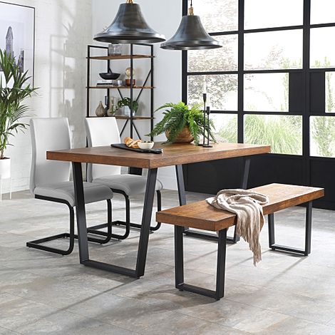 Addison Industrial Dining Table, Bench & 4 Perth Chairs, Dark Oak Veneer & Black Steel, Light Grey Classic Faux Leather, 150cm