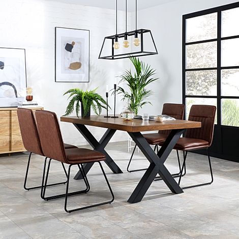 Franklin 150cm Industrial Oak Dining Table with 4 Flint Tan Leather Chairs
