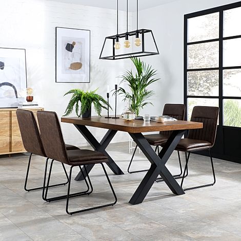 Franklin 150cm Industrial Oak Dining Table with 4 Flint Vintage Brown Leather Chairs