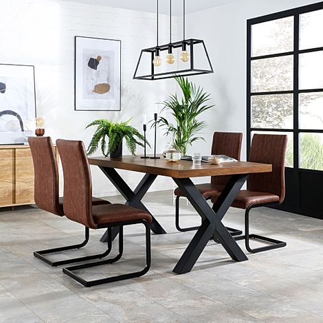 Franklin Industrial Dining Table & 4 Perth Chairs, Dark Oak Veneer & Black Steel, Tan Classic Faux Leather, 150cm