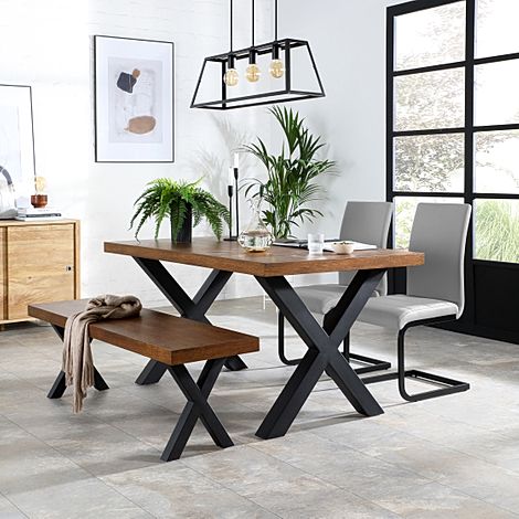 Franklin Industrial Dining Table, Bench & 2 Perth Chairs, Dark Oak Veneer & Black Steel, Light Grey Classic Faux Leather, 150cm