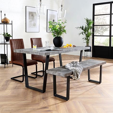 Addison Industrial Dining Table, Bench & 2 Perth Chairs, Grey Concrete Effect & Black Steel, Tan Classic Faux Leather, 150cm