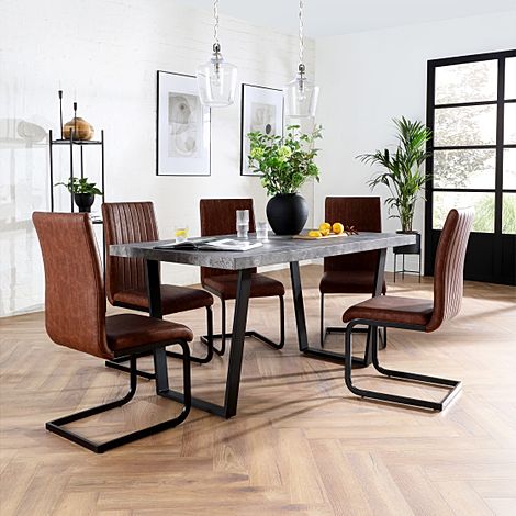 Addison Industrial Dining Table & 6 Perth Chairs, Grey Concrete Effect & Black Steel, Tan Classic Faux Leather, 150cm