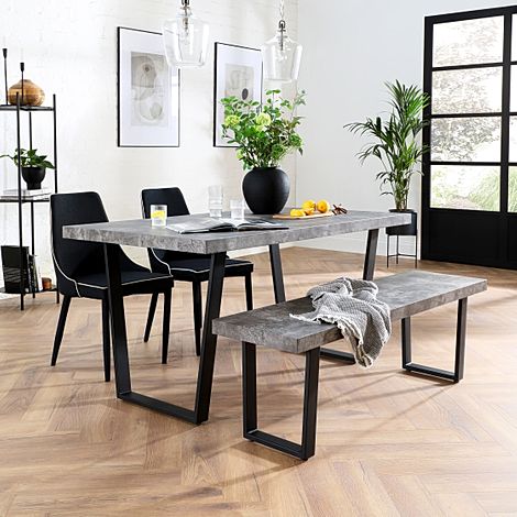 Addison Industrial Dining Table, Bench & 4 Modena Chairs, Grey Concrete Effect & Black Steel, Black Classic Linen-Weave Fabric, 150cm