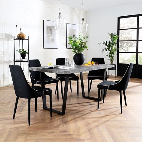 Addison Industrial Dining Table & 4 Modena Chairs, Grey Concrete Effect & Black Steel, Black Classic Linen-Weave Fabric, 150cm