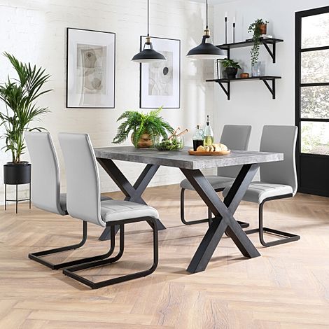 Franklin Industrial Dining Table & 4 Perth Chairs, Grey Concrete Effect & Black Steel, Light Grey Classic Faux Leather, 150cm