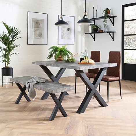 Franklin 150cm Concrete Dining Table and Bench with 2 Renzo Tan Leather Chairs