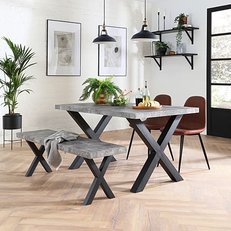 Franklin Industrial Dining Table, Bench & 2 Brooklyn Chairs, Grey Concrete Effect & Black Steel, Tan Classic Faux Leather, 150cm
