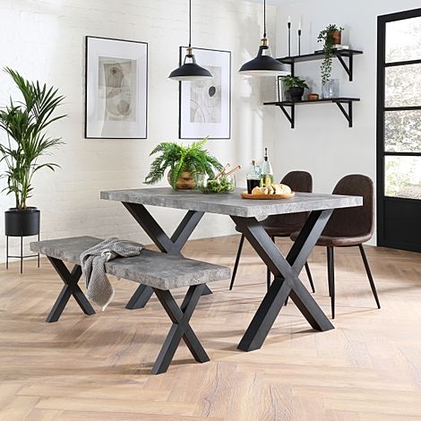 Franklin 150cm Concrete Dining Table and Bench with 2 Brooklyn Vintage Brown Leather Chairs