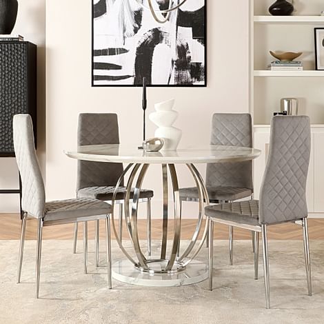 Savoy Round Dining Table & 4 Renzo Chairs, White Marble Effect & Chrome, Grey Classic Velvet, 120cm