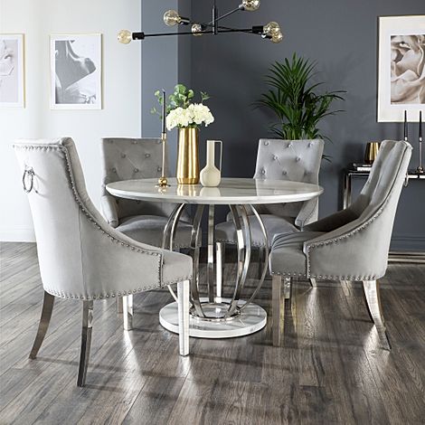 Savoy Round White Marble and Chrome Dining Table with 4 Imperial Grey  Velvet Dining Chairs | Furniture And Choice