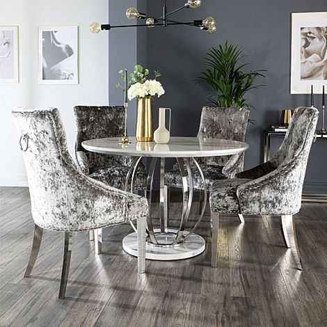 Savoy Round Dining Table & 4 Imperial Chairs, White Marble Effect & Chrome, Silver Crushed Velvet, 120cm