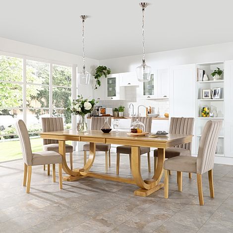 Pavilion Oak Extending Dining Table with 4 Salisbury Mink Velvet Chairs