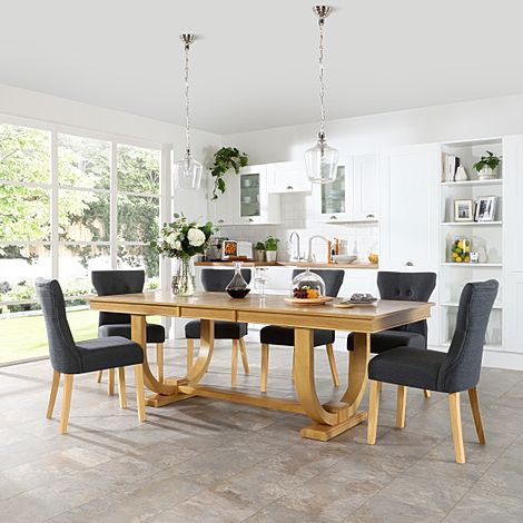 Pavilion Oak Extending Dining Table with 6 Bewley Slate Fabric Chairs