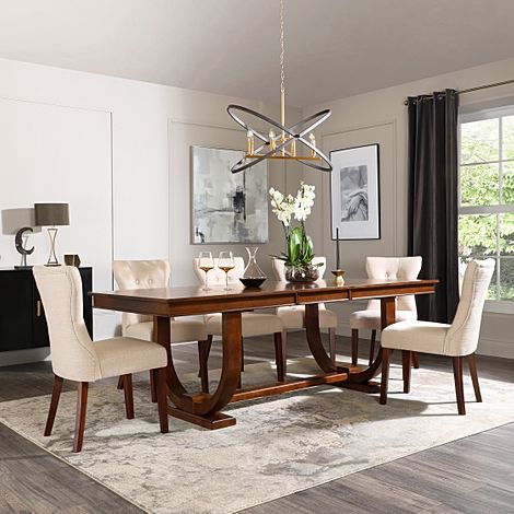 Pavilion Dark Wood Extending Dining Table with 8 Bewley Oatmeal Fabric Chairs