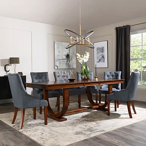 Pavilion Extending Dining Table & 6 Duke Chairs, Dark Oak Veneer & Solid Hardwood, Slate Grey Classic Linen-Weave Fabric & Dark Solid Hardwood, 180-225cm