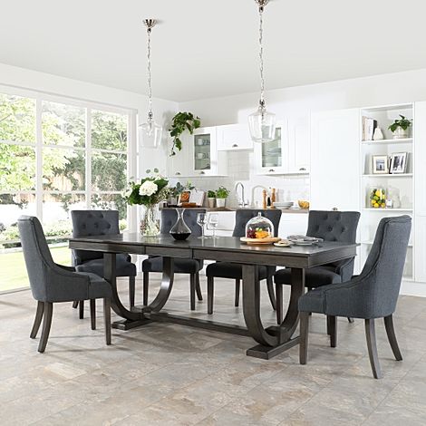 Pavilion Extending Dining Table & 6 Duke Chairs, Grey Oak Veneer & Solid Hardwood, Slate Grey Classic Linen-Weave Fabric & Grey Solid Hardwood, 180-225cm