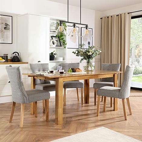 Bali Extending Dining Table & 4 Bewley Chairs, Natural Oak Finished Solid Hardwood, Light Grey Classic Linen-Weave Fabric, 150-180cm