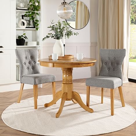 Kingston Round Dining Table & 2 Bewley Chairs, Natural Oak Finished Solid Hardwood, Light Grey Classic Linen-Weave Fabric, 90cm