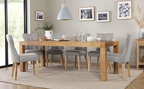 Cambridge Extending Dining Table & 6 Bewley Chairs, Natural Oak Veneer & Solid Hardwood, Light Grey Classic Linen-Weave Fabric & Natural Oak Finished Solid Hardwood, 175-220cm