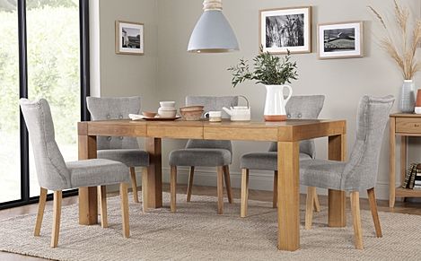 Cambridge Extending Dining Table & 4 Bewley Chairs, Natural Oak Veneer & Solid Hardwood, Light Grey Classic Linen-Weave Fabric & Natural Oak Finished Solid Hardwood, 125-170cm