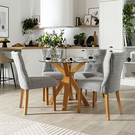 Hatton Round Dining Table & 4 Bewley Chairs, Glass & Natural Oak Finished Solid Hardwood, Light Grey Classic Linen-Weave Fabric, 100cm