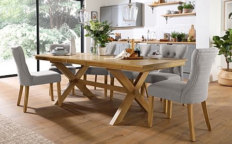 Grange Oak Extending Dining Table with 6 Bewley Light Grey Fabric Chairs