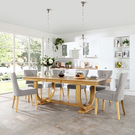 Pavilion Oak Extending Dining Table with 6 Bewley Light Grey Fabric Chairs