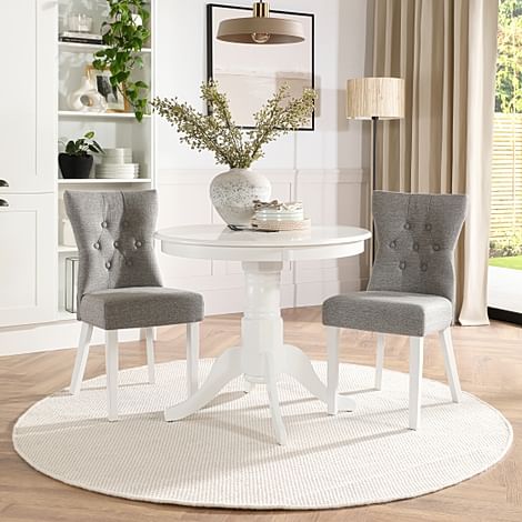 Kingston Round Dining Table & 2 Bewley Chairs, White Wood, Light Grey Classic Linen-Weave Fabric, 90cm