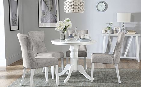 Kingston Round White Dining Table with 4 Bewley Light Grey Fabric Chairs
