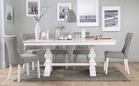 Cavendish White Extending Dining Table with 8 Bewley Light Grey Fabric Chairs