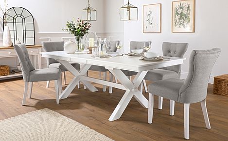 Grange Extending Dining Table & 8 Bewley Chairs, White Wood, Light Grey Classic Linen-Weave Fabric, 180-220cm