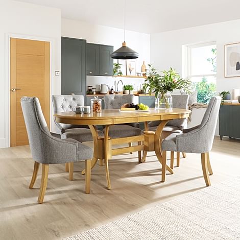 Townhouse Oval Extending Dining Table & 6 Duke Chairs, Natural Oak Finished Solid Hardwood, Light Grey Classic Linen-Weave Fabric, 150-180cm
