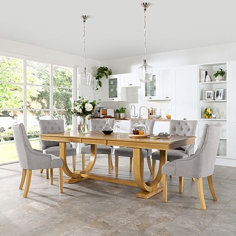 Pavilion Oak Extending Dining Table with 6 Duke Light Grey Fabric Chairs